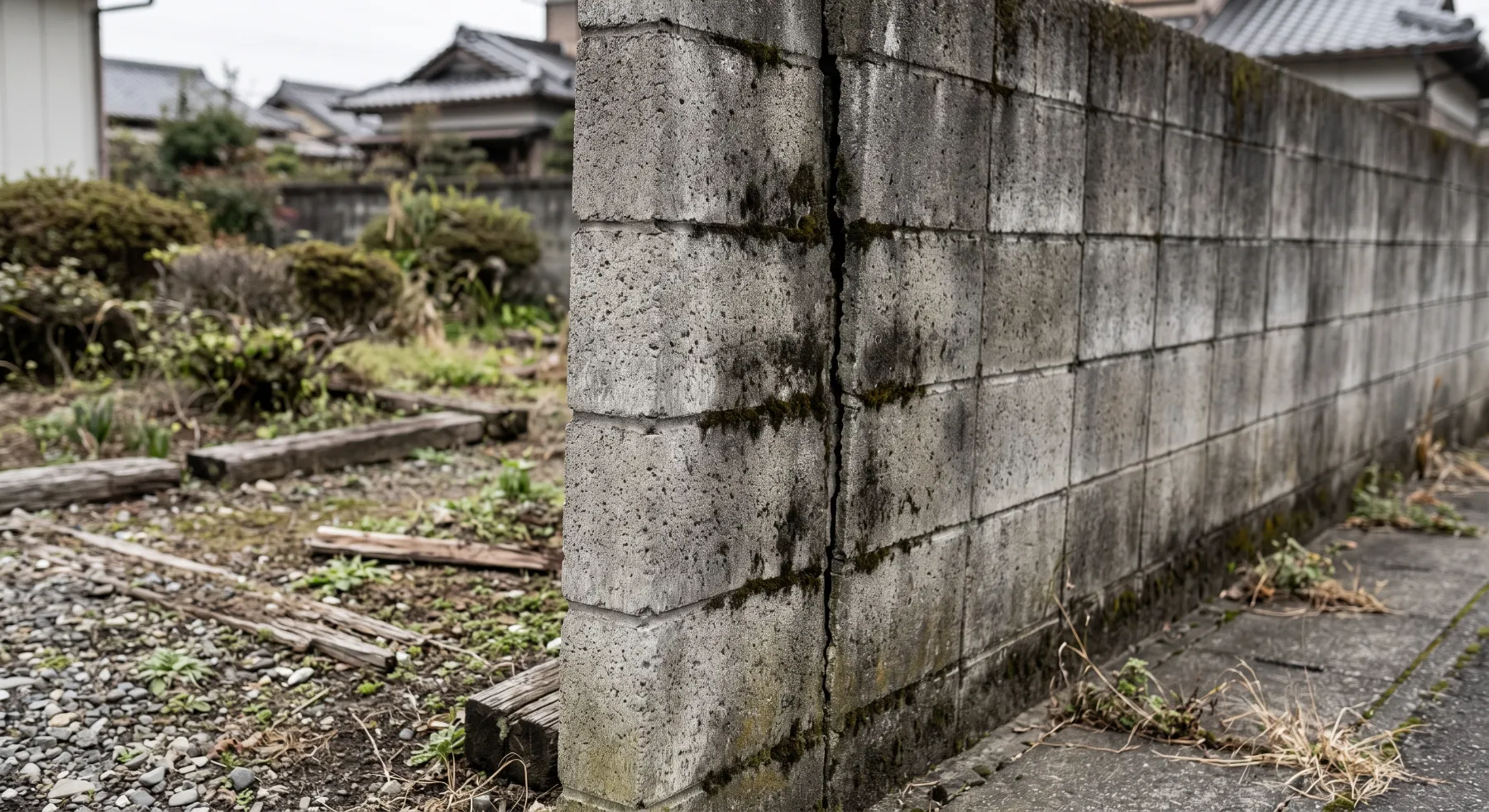 経年劣化したブロック塀。目地の割れ、苔、控え壁のない状態